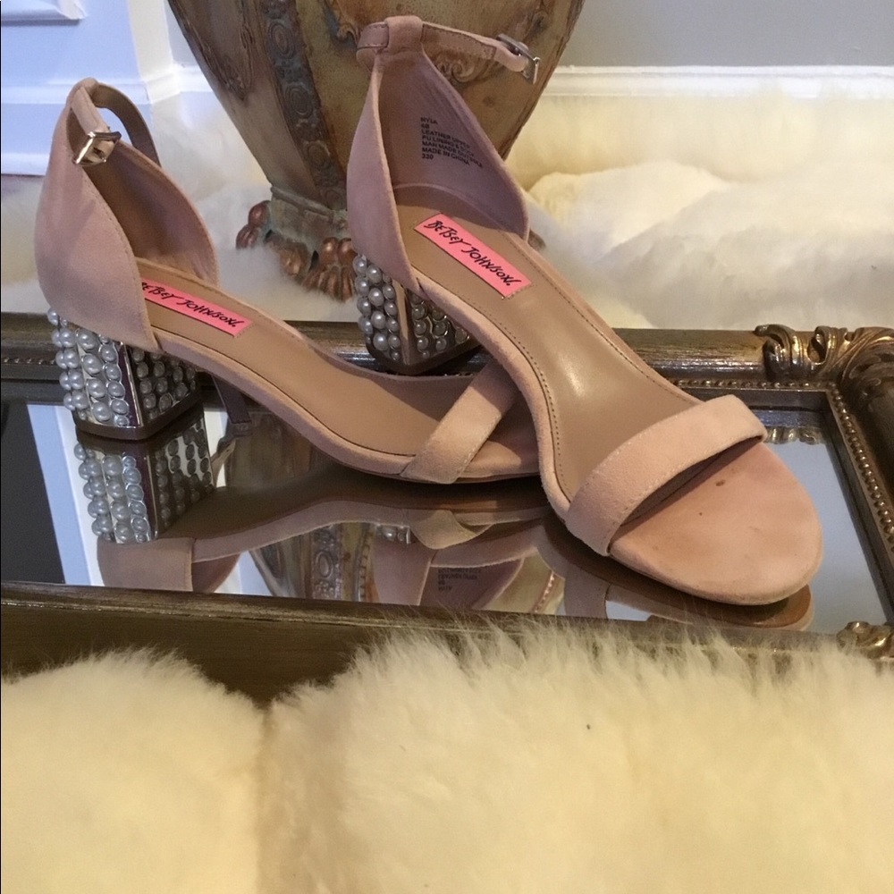 pink suede block heel sandals with pearls.
